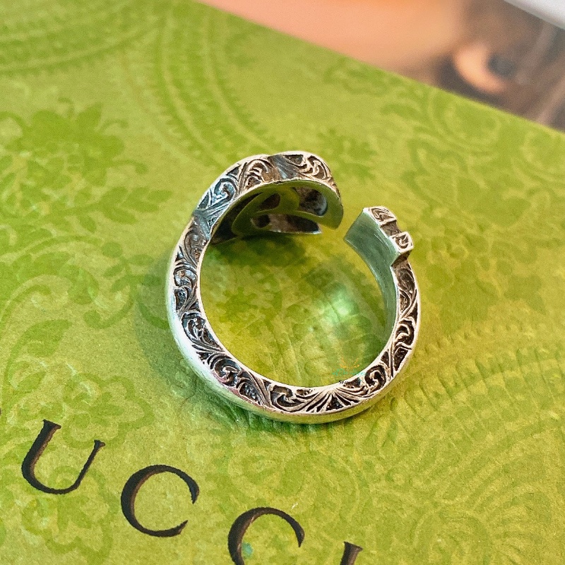 GUCCI 銀色 仿舊 復古銀 雙G 雕花 戒指 戒圍 14號-5