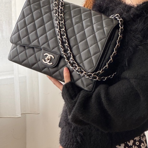 「JL精品代購」9新 香奈兒黑銀牛皮cf雙蓋maxi