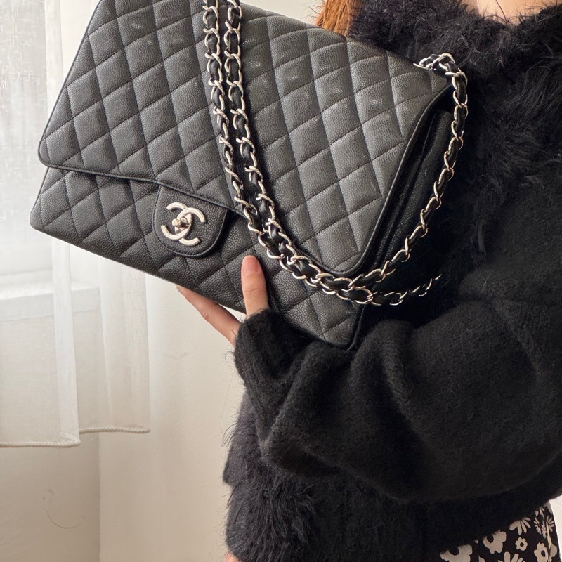 「JL精品代購」9新 香奈兒黑銀牛皮cf雙蓋maxi-0