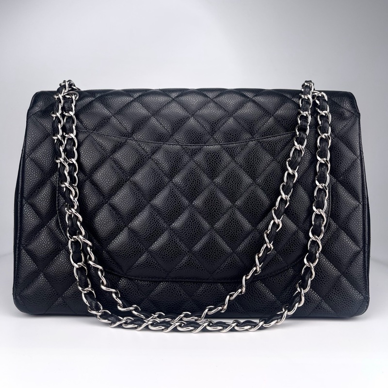 「JL精品代購」9新 香奈兒黑銀牛皮cf雙蓋maxi-3