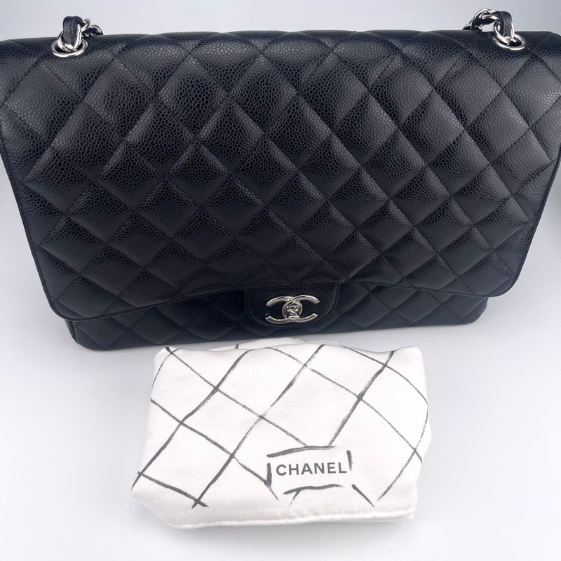 「JL精品代購」9新 香奈兒黑銀牛皮cf雙蓋maxi-4
