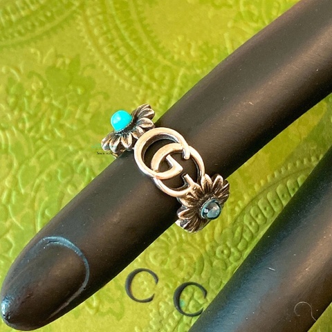 GUCCI 銀色 仿舊 復古銀 雙Ｇ 小雛菊 x寶石 戒指 戒圍15號