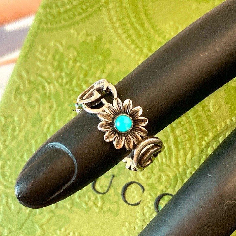 GUCCI 銀色 仿舊 復古銀 雙Ｇ 小雛菊 x寶石 戒指 戒圍15號-3