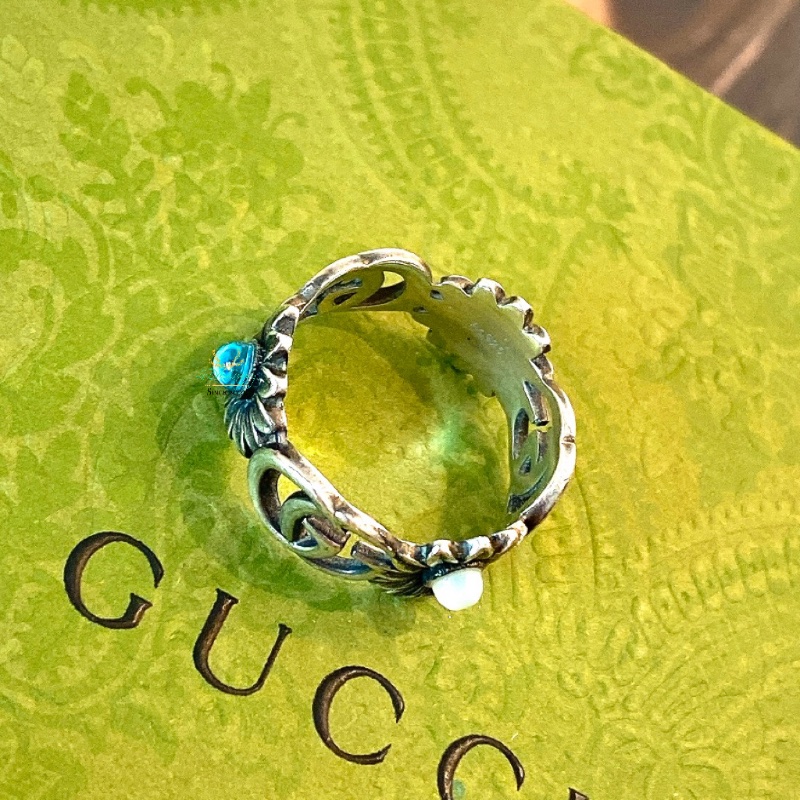 GUCCI 銀色 仿舊 復古銀 雙Ｇ 小雛菊 x寶石 戒指 戒圍15號-4