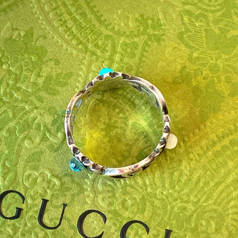 GUCCI 銀色 仿舊 復古銀 雙Ｇ 小雛菊 x寶石 戒指 戒圍15號-5