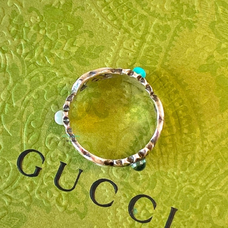 GUCCI 銀色 仿舊 復古銀 雙Ｇ 小雛菊 x寶石 戒指 戒圍15號-6