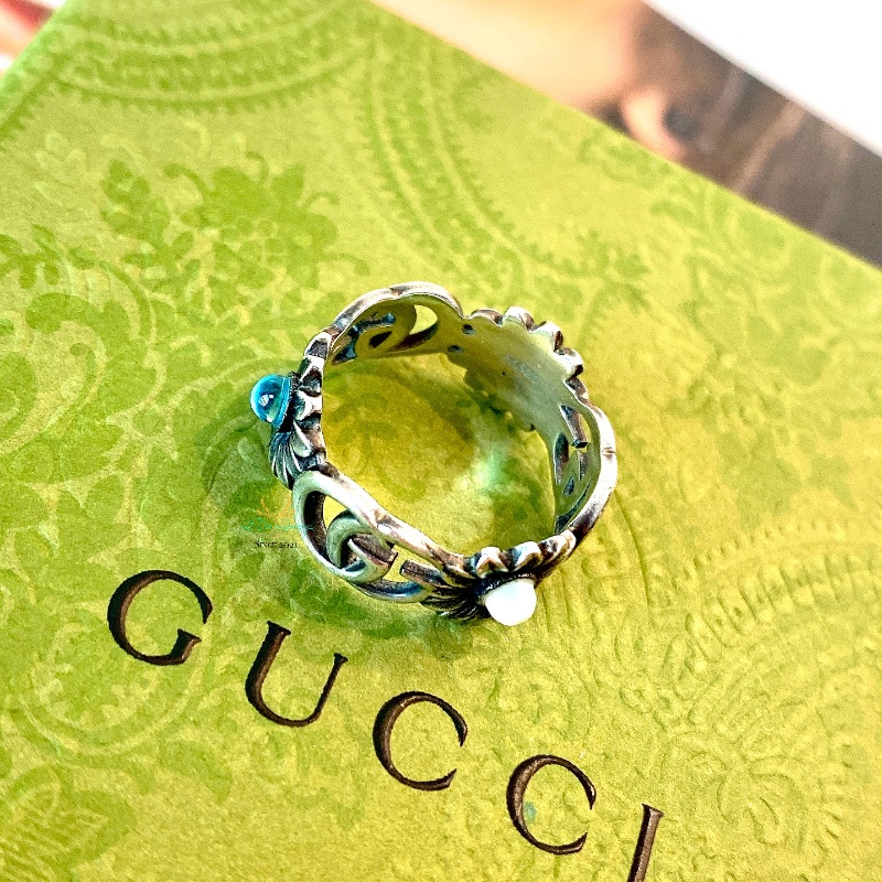 GUCCI 銀色 仿舊 復古銀 雙Ｇ 小雛菊 x寶石 戒指 戒圍15號-7