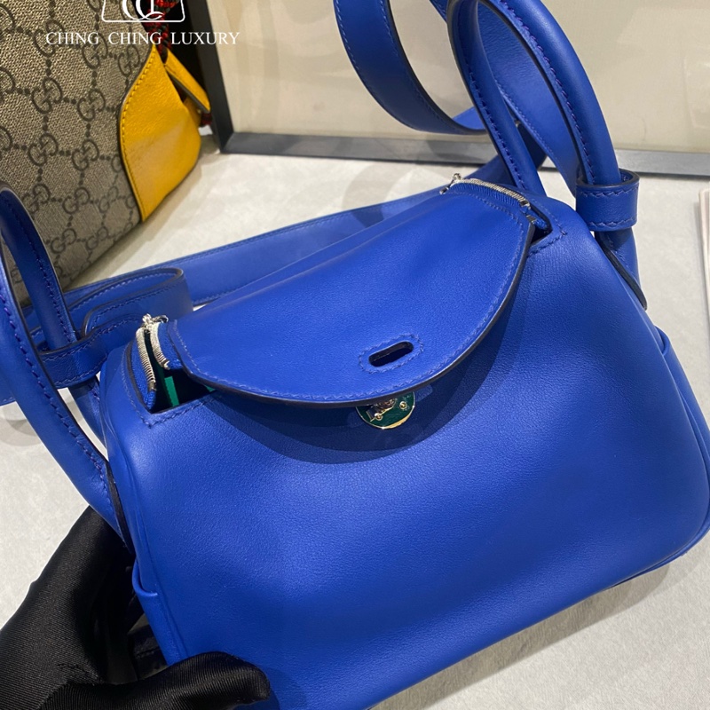 🌈Hermes💙Mini Lindy一代💙法國藍銀扣🌈99.9新閑置🌟Swift皮🌟愛馬仕🌟-0