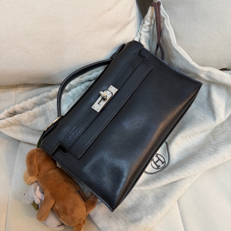 Hermes Pochette 黑銀 Mini Kelly 一代 愛馬仕 Evergrain皮-0
