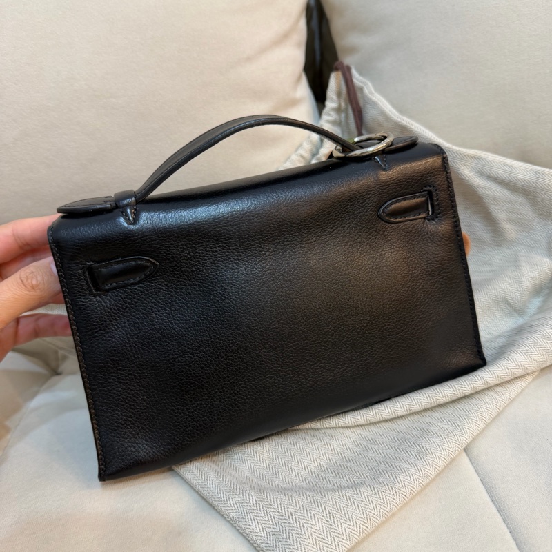 Hermes Pochette 黑銀 Mini Kelly 一代 愛馬仕 Evergrain皮-6