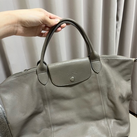 Longchamp 小羊皮折疊包 中號M 灰色