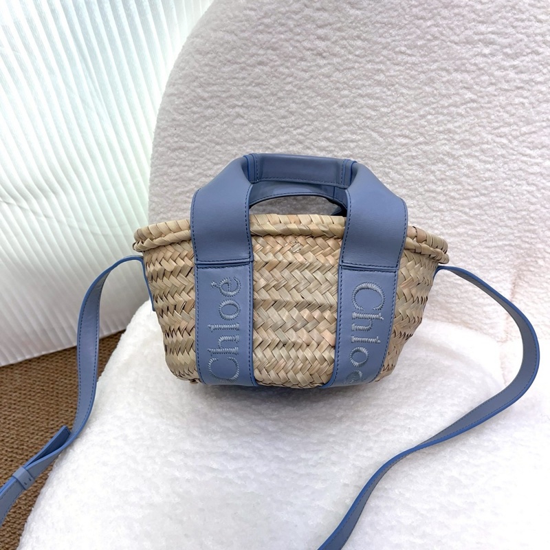 克羅伊CHLOE灰藍色Sense字母刺繡小牛皮拼拉菲草編織包CHC23SS304J66-0