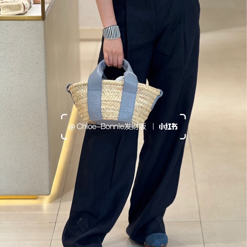 克羅伊CHLOE灰藍色Sense字母刺繡小牛皮拼拉菲草編織包CHC23SS304J66-1