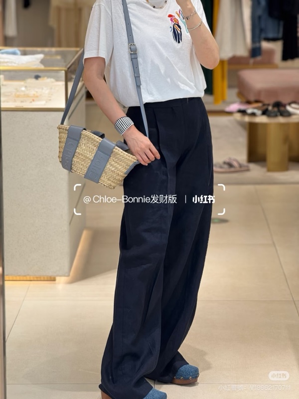 克羅伊CHLOE灰藍色Sense字母刺繡小牛皮拼拉菲草編織包CHC23SS304J66-2