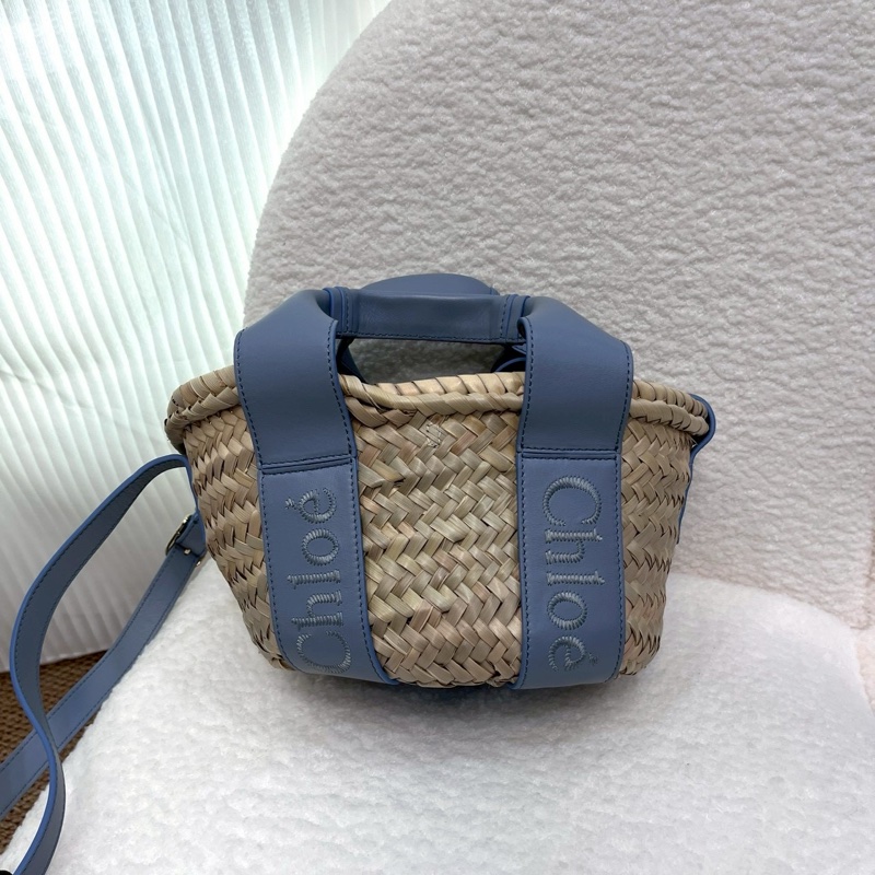 克羅伊CHLOE灰藍色Sense字母刺繡小牛皮拼拉菲草編織包CHC23SS304J66-6