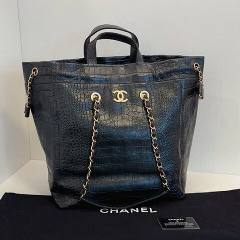 閒置新 Chanel香奈兒 限量版稀有款 黑金牛皮鱷魚紋 抽繩手提/肩背tote托特