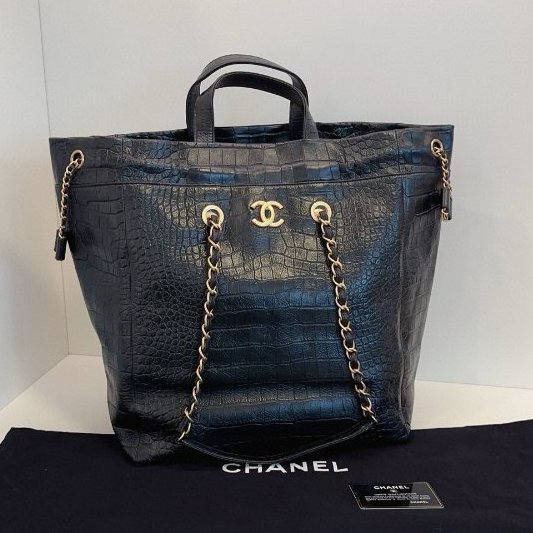 閒置新 Chanel香奈兒 限量版稀有款 黑金牛皮鱷魚紋 抽繩手提/肩背tote托特-0