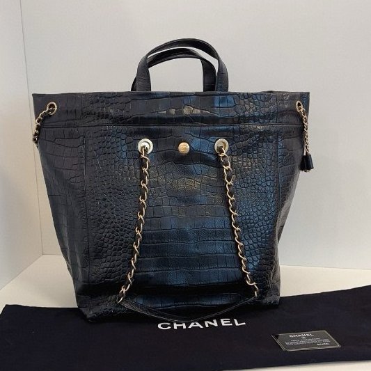 閒置新 Chanel香奈兒 限量版稀有款 黑金牛皮鱷魚紋 抽繩手提/肩背tote托特-6