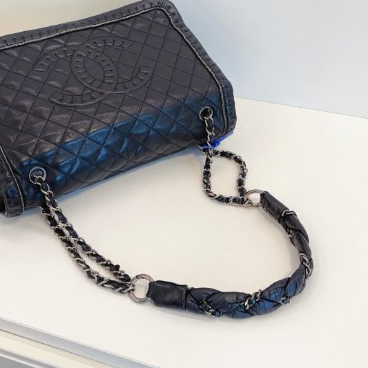 Chanel香奈兒 黑銀牛皮菱格大雙C翻蓋肩背包 肩帶皮穿鏈條和麻花編織組合-9