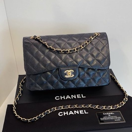 閒置新 Chanel香奈兒 黑金魚子醬雙蓋CF Jumbo鏈條肩背斜背包-0