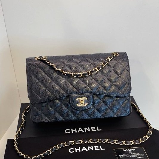 閒置新 Chanel香奈兒 黑金魚子醬雙蓋CF Jumbo鏈條肩背斜背包-5