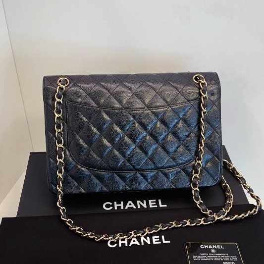 閒置新 Chanel香奈兒 黑金魚子醬雙蓋CF Jumbo鏈條肩背斜背包-6