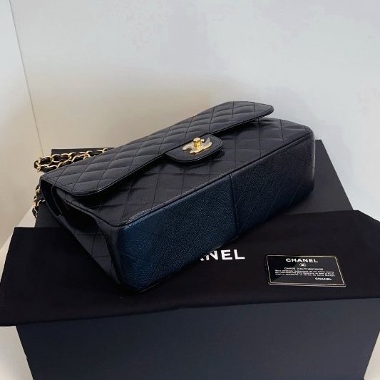 閒置新 Chanel香奈兒 黑金魚子醬雙蓋CF Jumbo鏈條肩背斜背包-7