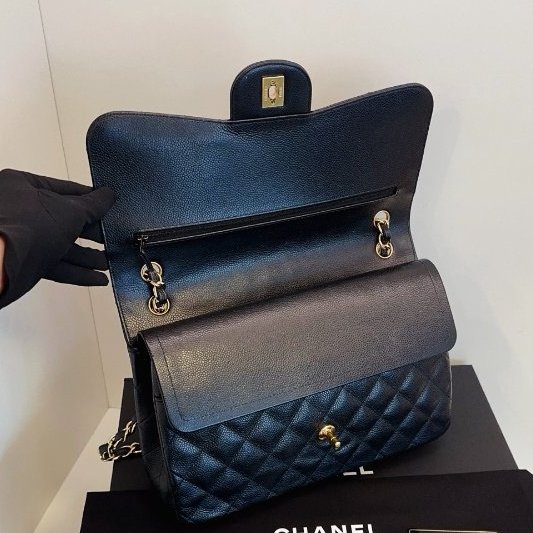 閒置新 Chanel香奈兒 黑金魚子醬雙蓋CF Jumbo鏈條肩背斜背包-9