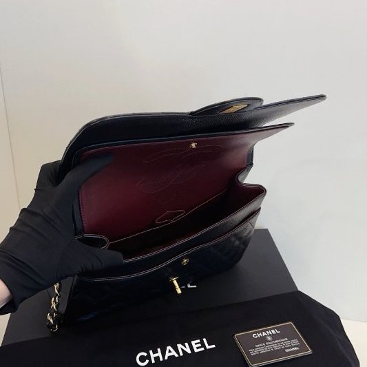 閒置新 Chanel香奈兒 黑金魚子醬雙蓋CF Jumbo鏈條肩背斜背包-10