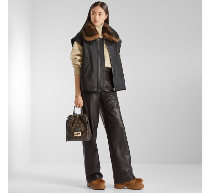 FENDI 棕色FF提花布料背包-0