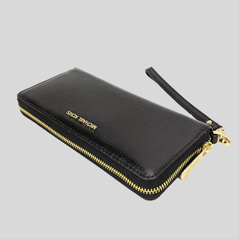 【Michael Kors】專櫃經典款 JET SET TRAVEL 金標LOGO防刮皮革拉鍊長夾(手提鏈帶可拆)-4
