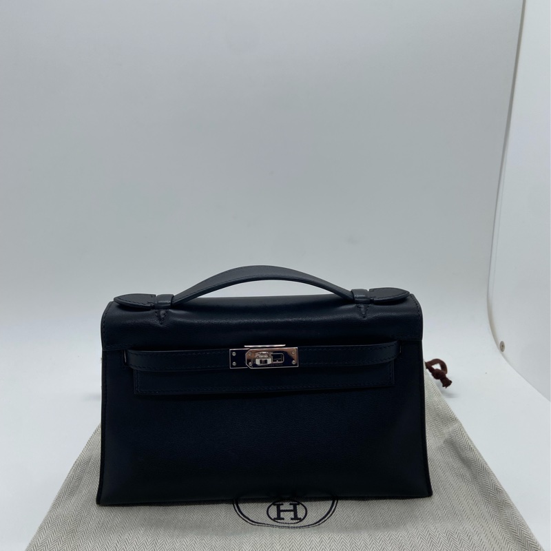 二手Hermes愛馬仕mini Kelly一代黑銀swift皮L刻-0