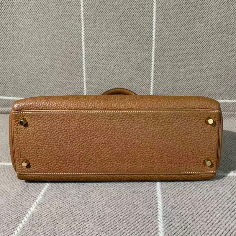H260127)gz)Hermes爱马仕Kelly32金棕色Togo皮金扣Q刻 單肩手提包-2