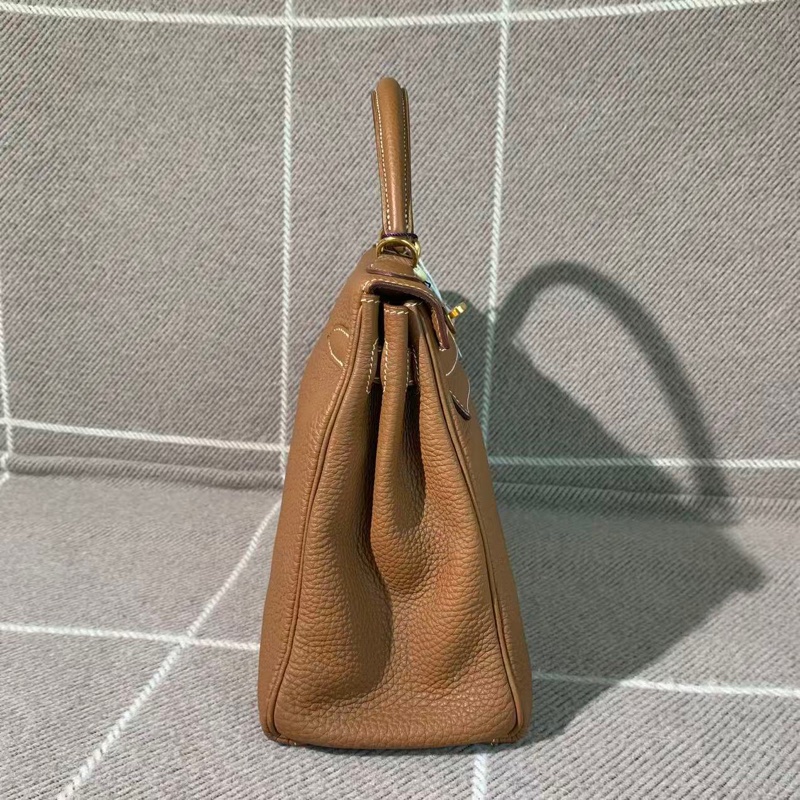 H260127)gz)Hermes爱马仕Kelly32金棕色Togo皮金扣Q刻 單肩手提包-3