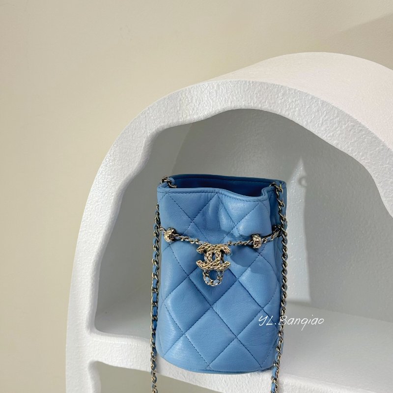 S5257-CHANEL 藍色MINI束口水桶包-1