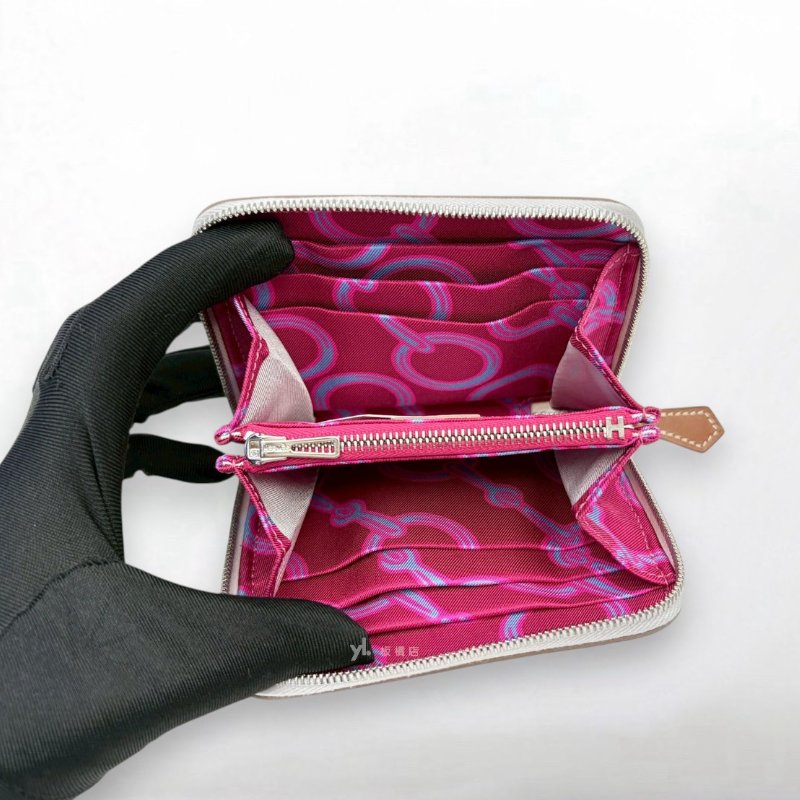 S5256-HERMES零錢包 80珍珠灰桃紅絲巾短夾-5