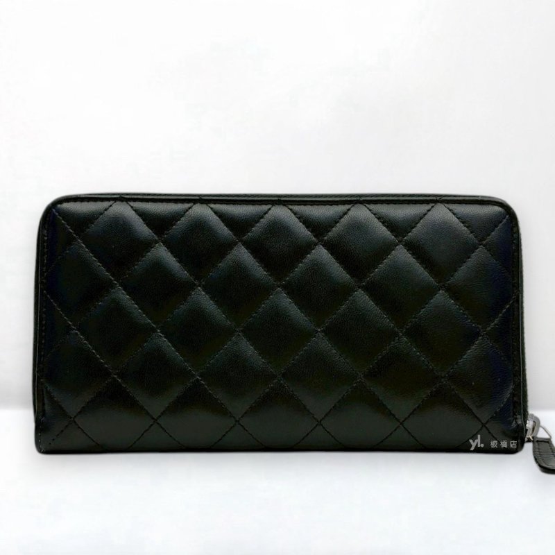 S5261-CHANEL長夾 黑羊皮銀釦ㄇ拉長夾-1