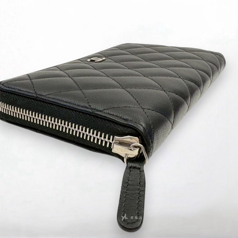 S5261-CHANEL長夾 黑羊皮銀釦ㄇ拉長夾-3