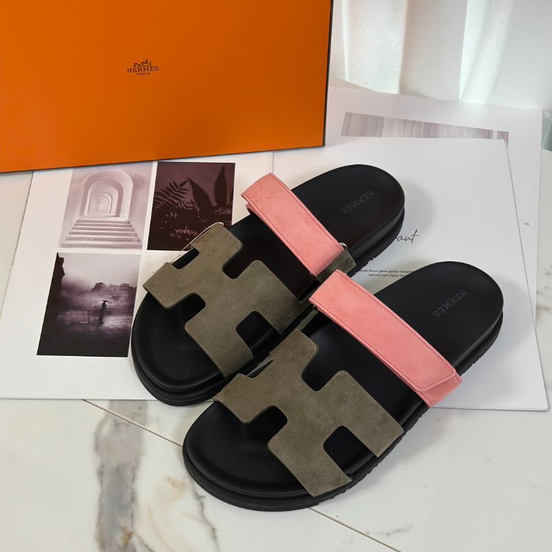 HERMES Chypre 麂皮拖鞋 - 灰綠 / 沙丘粉 41-0