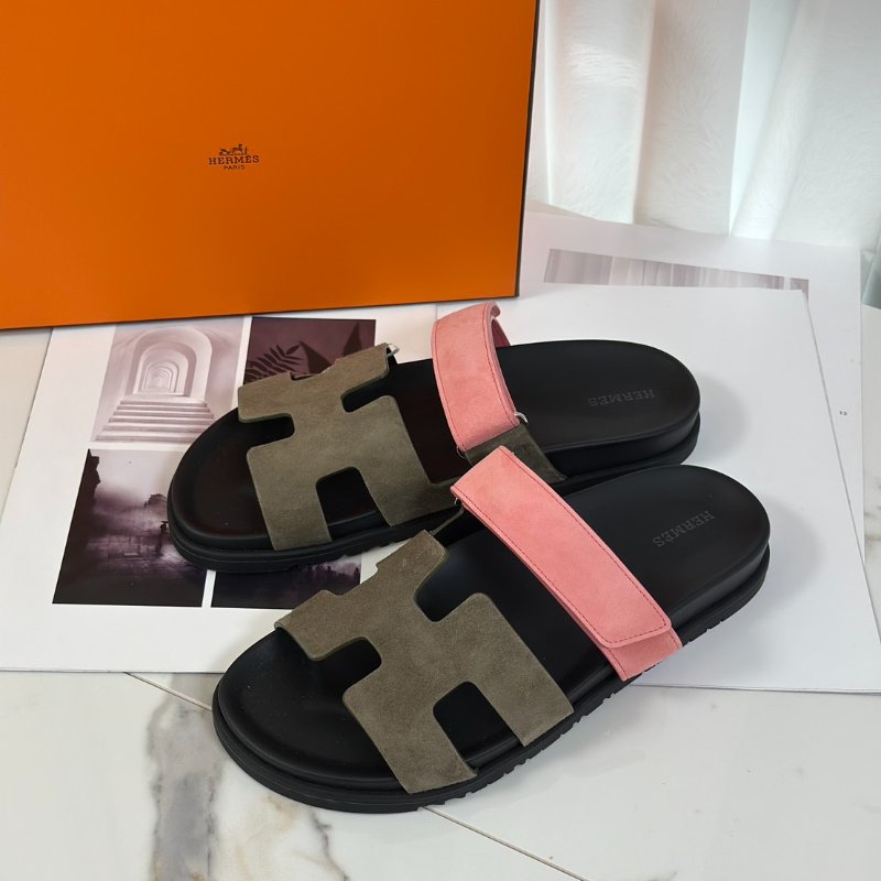 HERMES Chypre 麂皮拖鞋 - 灰綠 / 沙丘粉 41-3