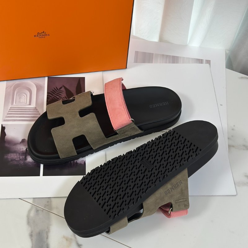 HERMES Chypre 麂皮拖鞋 - 灰綠 / 沙丘粉 41-4