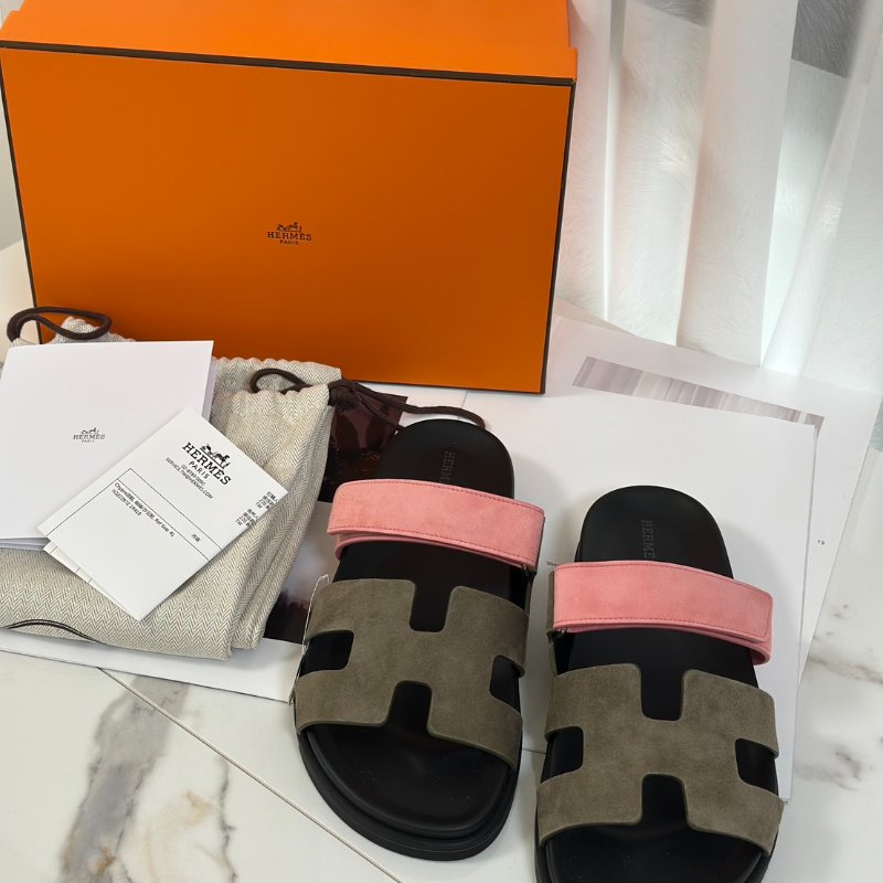 HERMES Chypre 麂皮拖鞋 - 灰綠 / 沙丘粉 41-6