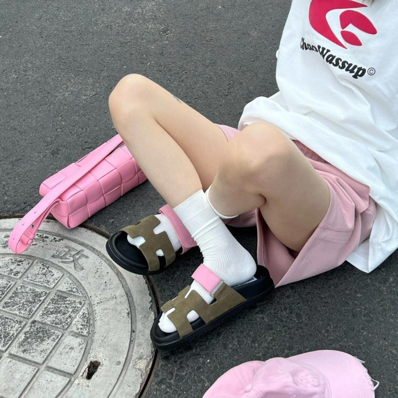 HERMES Chypre 麂皮拖鞋 - 灰綠 / 沙丘粉 41-7