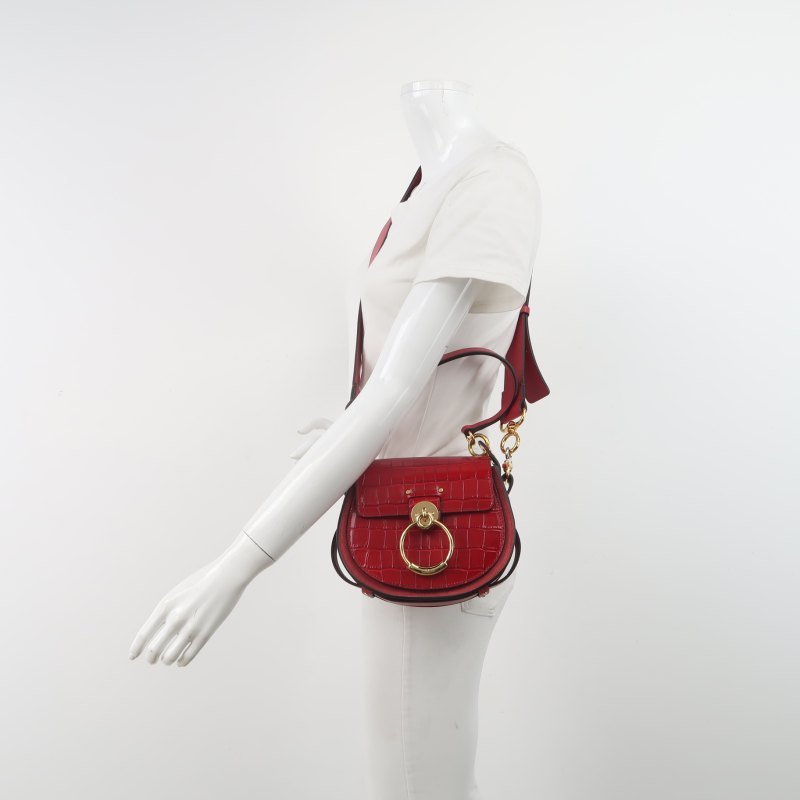 Chloe Tess小號牛皮翻毛皮純色鱷魚壓紋圓環搭扣斜挎包單肩包-1