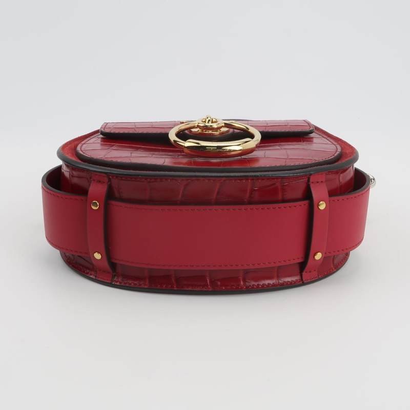 Chloe Tess小號牛皮翻毛皮純色鱷魚壓紋圓環搭扣斜挎包單肩包-5