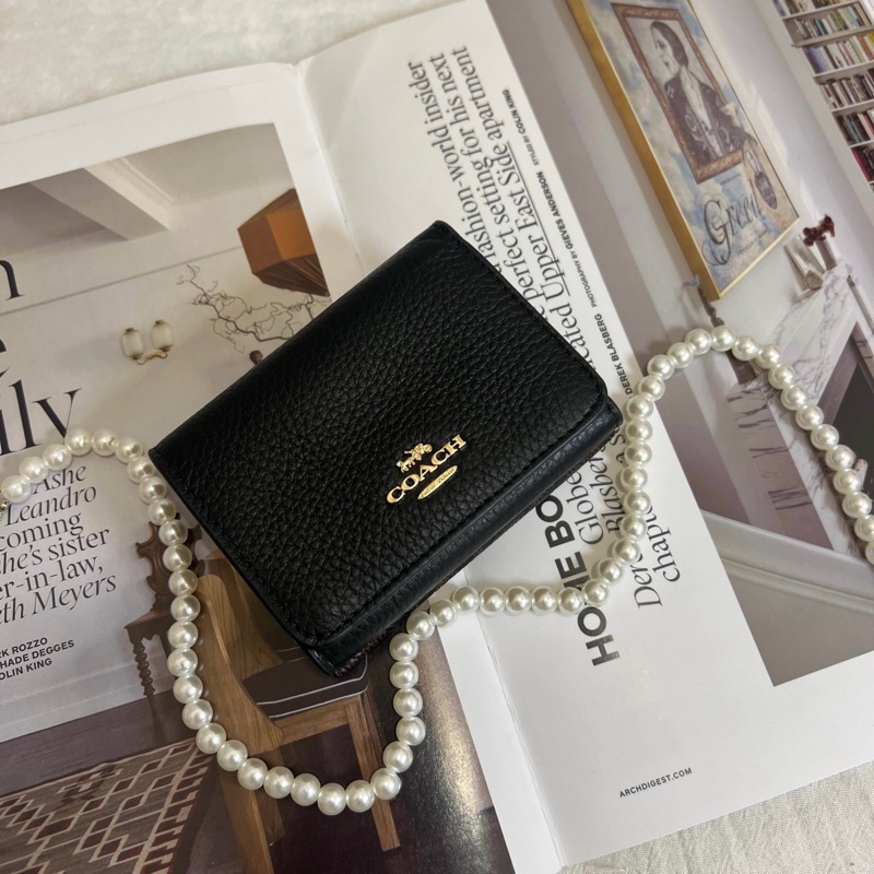 COACH 黑色拼接老花三折短夾-0