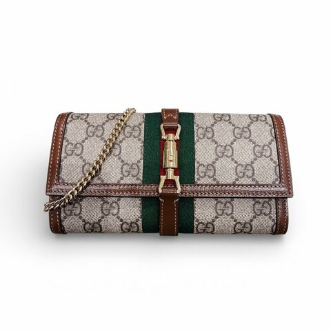 GUCCI 古馳 252681 JACKIE 1961 鍊條長夾 GG SUPREME PVC帆布 老花 棕色系 金釦