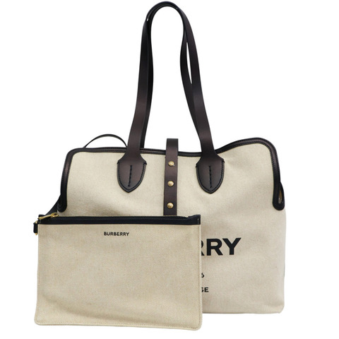 白色帆布 棕色皮革 飾邊 托特包【BURBERRY 巴寶莉】 8010341