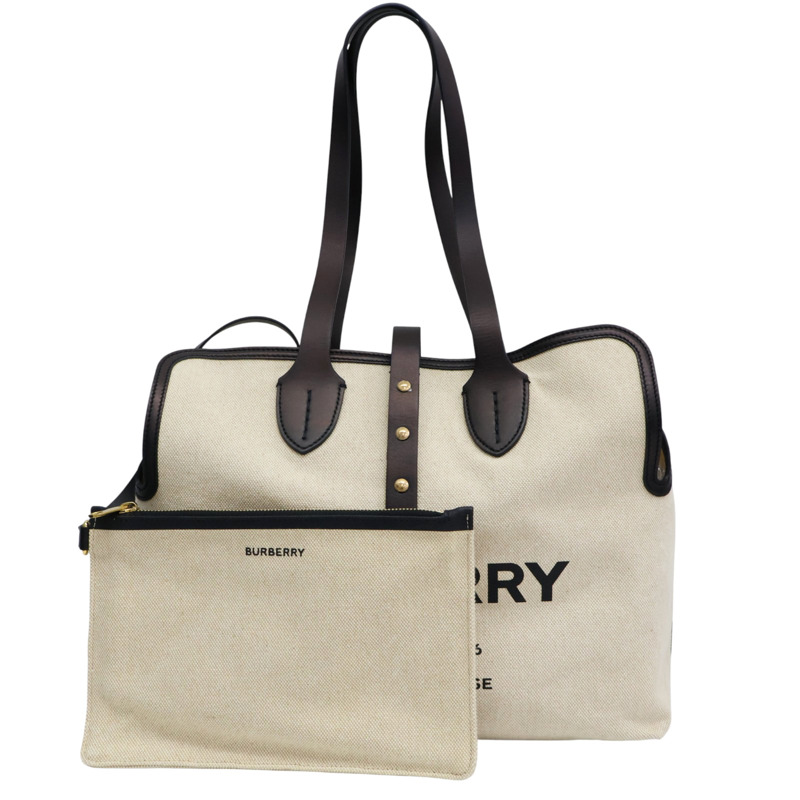 白色帆布 棕色皮革 飾邊 托特包【BURBERRY 巴寶莉】 8010341-0