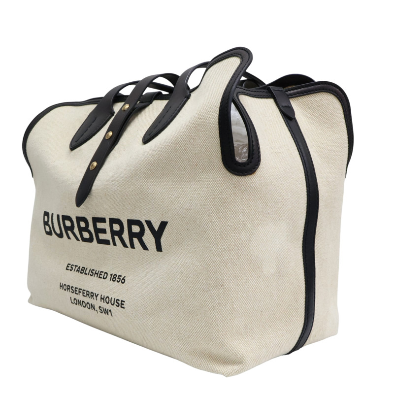 白色帆布 棕色皮革 飾邊 托特包【BURBERRY 巴寶莉】 8010341-2